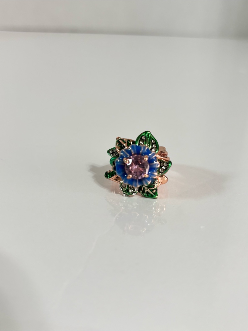925 silver Rose Gold & Pink synthetic Zirconia Ring & Green / Purple Enamel 7 - Picture 7 of 8